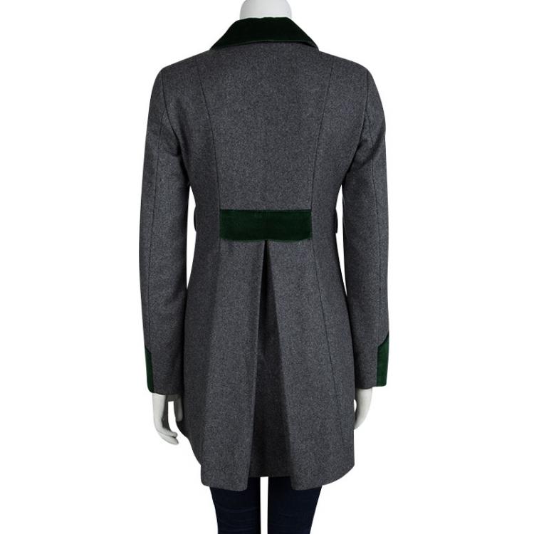 Pre Owned Paul and Joe Grey Contrast Velvet Trim Double Breasted Long Coat S