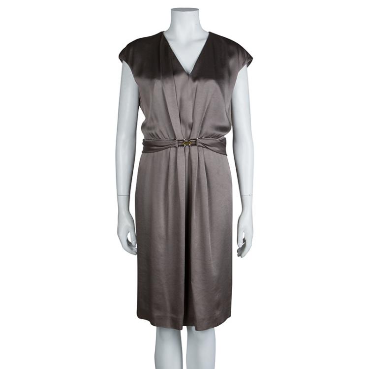 Pre Owned Paule Ka Olive Green Satin Buckle Detail Cap Sleeve Dress L