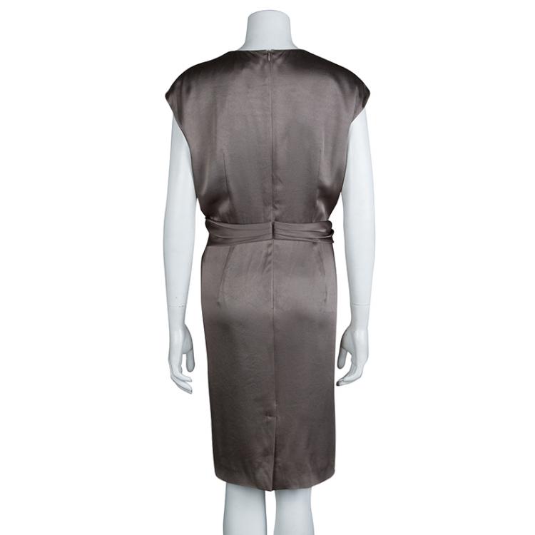 Pre Owned Paule Ka Olive Green Satin Buckle Detail Cap Sleeve Dress L