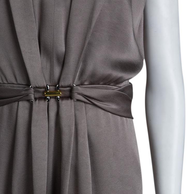 Pre Owned Paule Ka Olive Green Satin Buckle Detail Cap Sleeve Dress L
