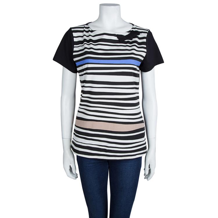 Pre Owned Paule Ka Black Jersey Multicolor Striped Bow Detail T-Shirt XL