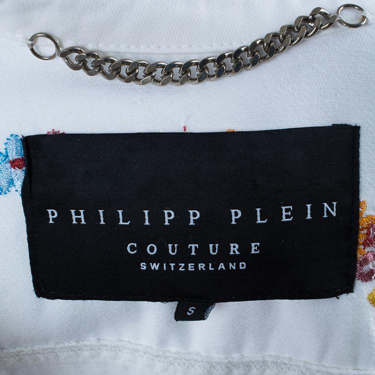 Pre Owned Philipp Plein Couture White Floral Embroidered Denim Jacket S