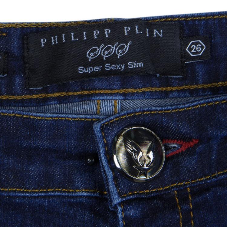 Pre Owned Philipp Plein Indigo Dark Wash Denim Distressed Skull Studded Skinny Jeans S