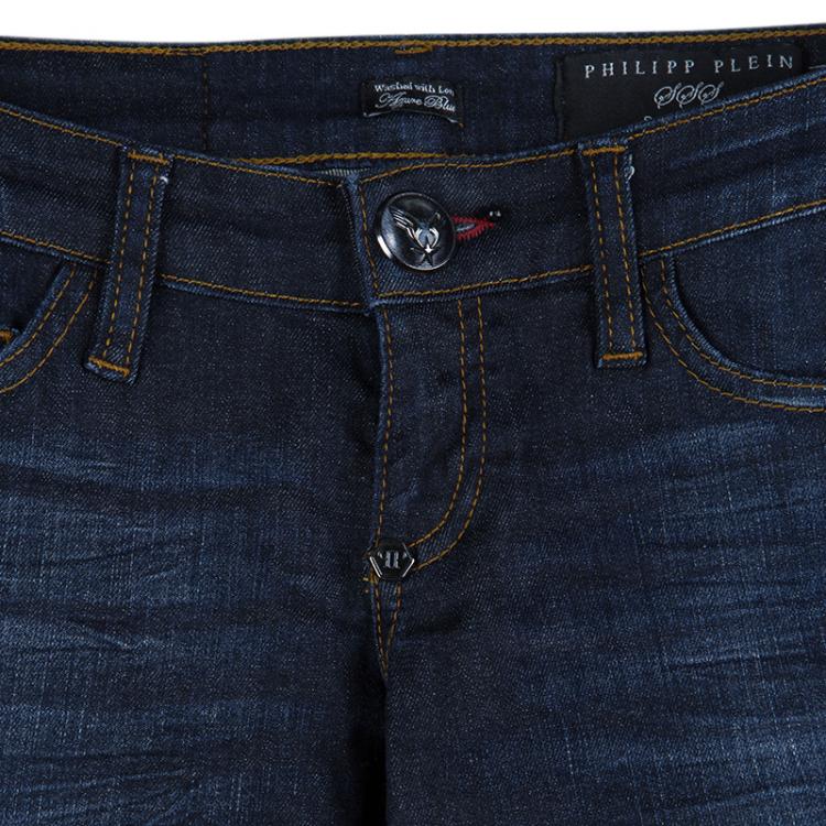 Pre Owned Philipp Plein Indigo Dark Wash Distressed Denim Tartan Skull Embellished Skinny Jeans S