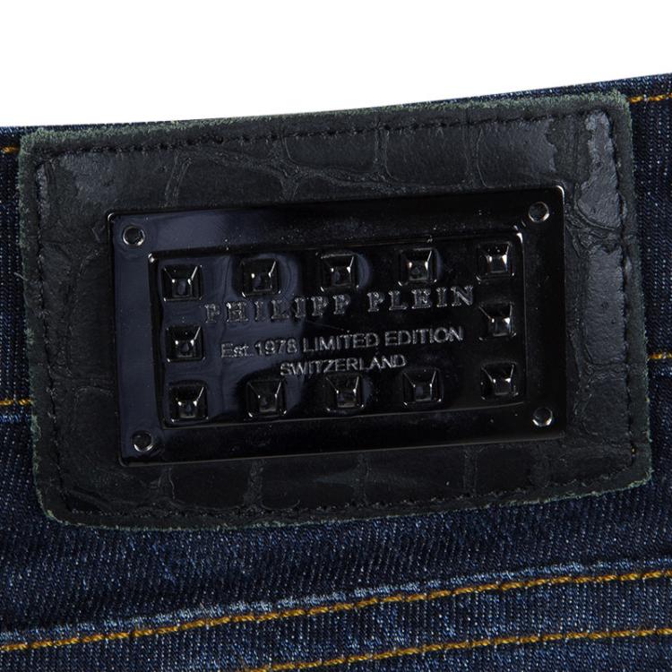 Pre Owned Philipp Plein Indigo Dark Wash Distressed Denim Tartan Skull Embellished Skinny Jeans S