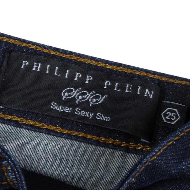 Pre Owned Philipp Plein Indigo Dark Wash Distressed Denim Tartan Skull Embellished Skinny Jeans S
