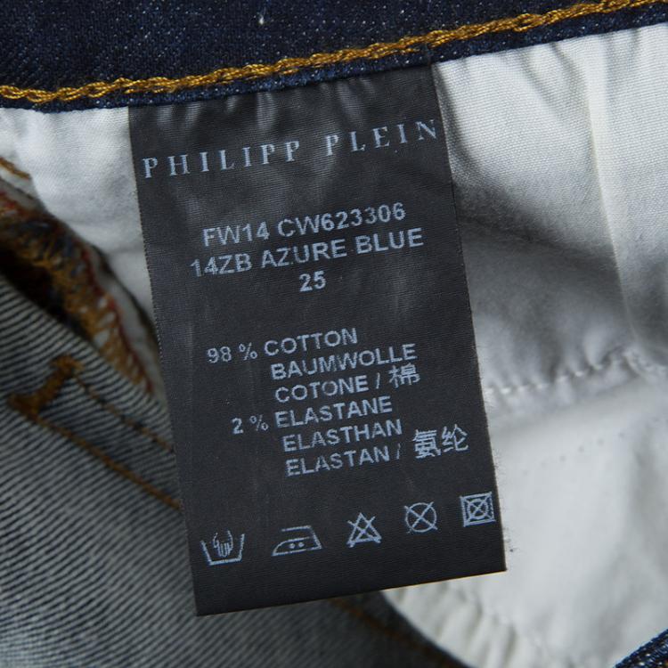 Pre Owned Philipp Plein Indigo Dark Wash Distressed Denim Tartan Skull Embellished Skinny Jeans S