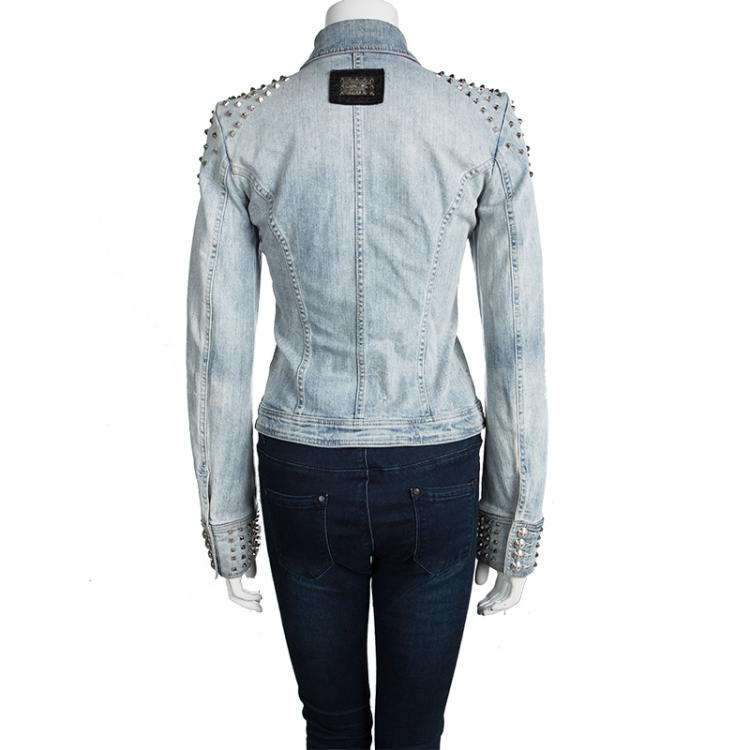 Pre Owned Philipp Plein Couture Indigo Light Wash Distressed Denim Studded Jacket M