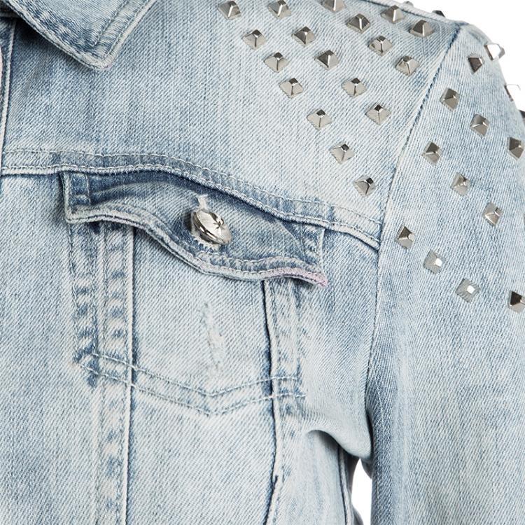 Pre Owned Philipp Plein Couture Indigo Light Wash Distressed Denim Studded Jacket M