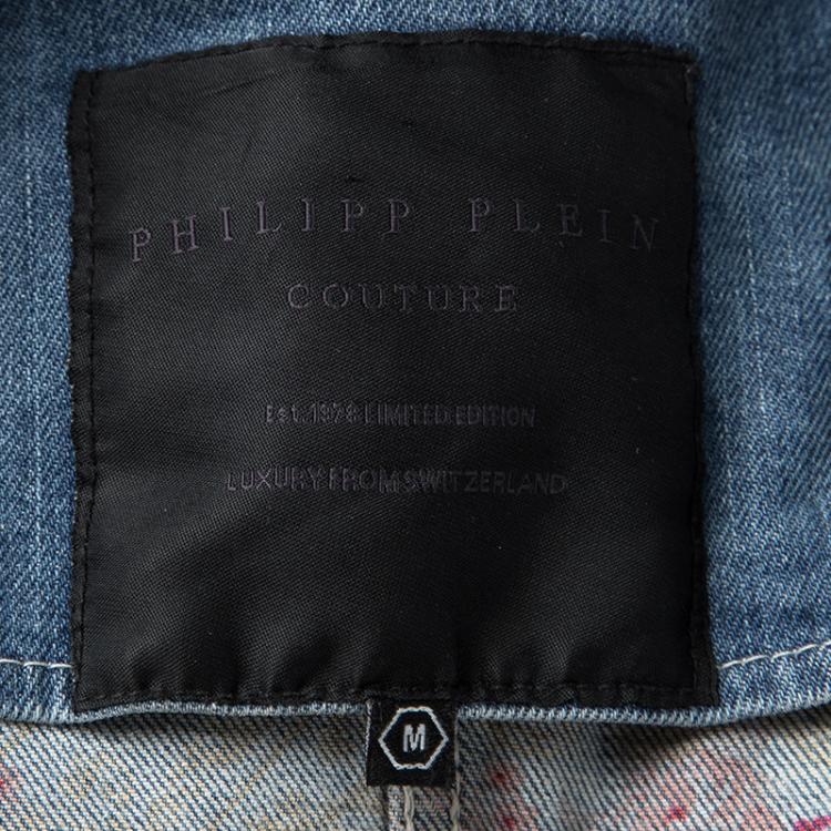 Pre Owned Philipp Plein Couture Indigo Light Wash Distressed Denim Studded Jacket M