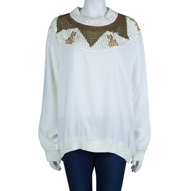 مملوكة مسبقًا Philosophy Cream Embellished Long Sleeve Crew Neck Blouse M