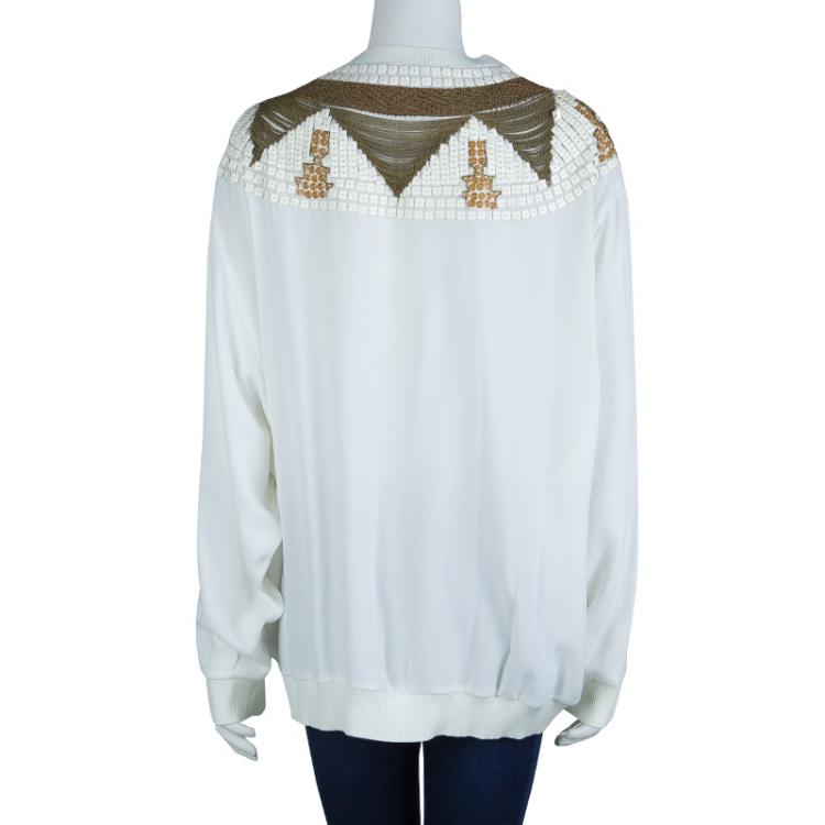 مملوكة مسبقًا Philosophy Cream Embellished Long Sleeve Crew Neck Blouse M
