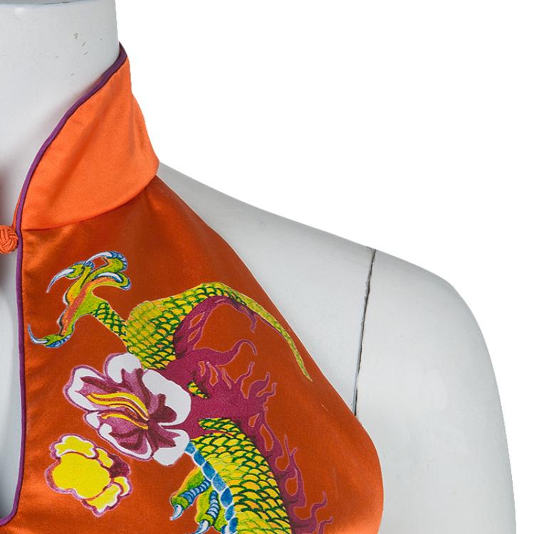 Pre Owned Philosophy Di Alberta Ferretti Orange Silk Oriental Print Halter Dress S