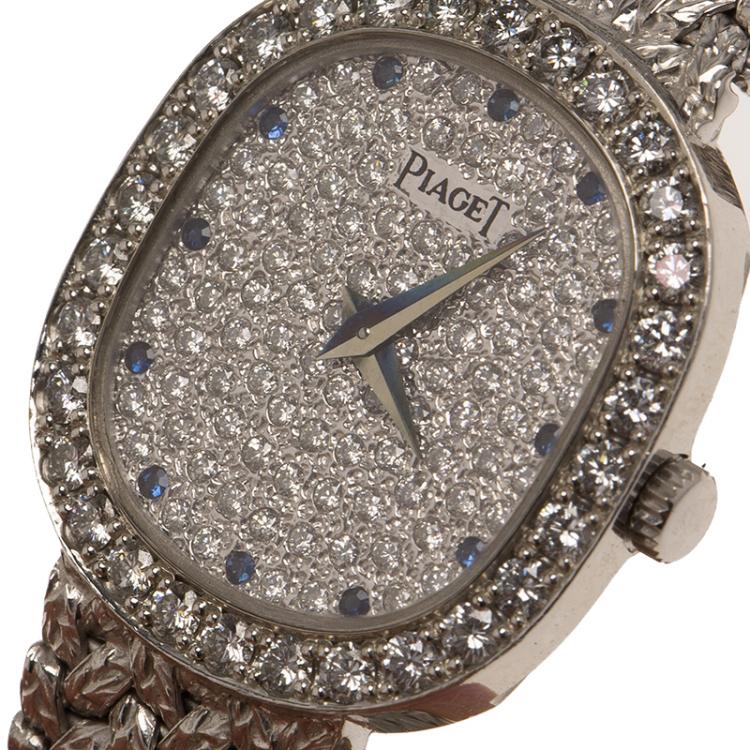 Pre Owned Piaget Diamond Sapphire Studded 18K White Gold Mesh Bracelet Vintage Women's Wristwatch 22MM