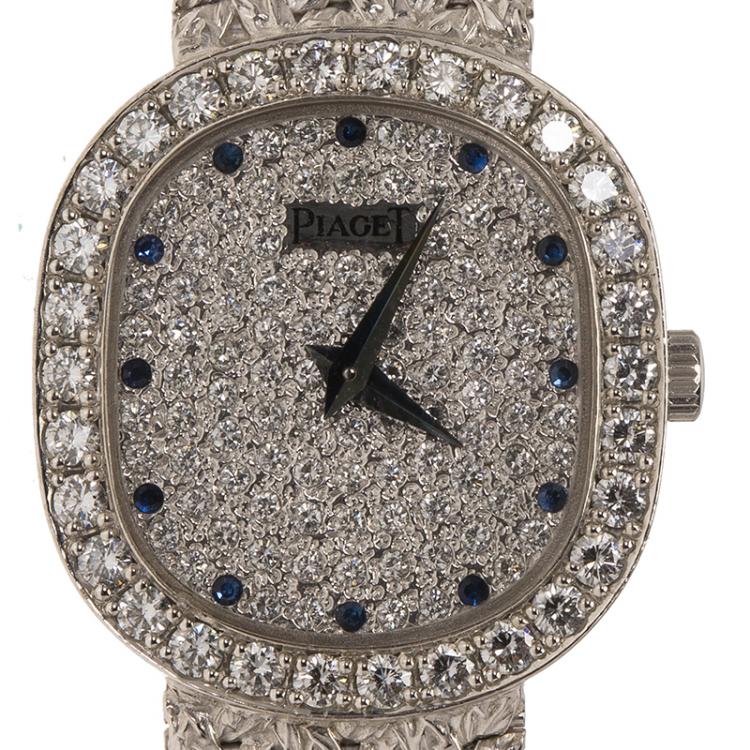 Pre Owned Piaget Diamond Sapphire Studded 18K White Gold Mesh Bracelet Vintage Women's Wristwatch 22MM