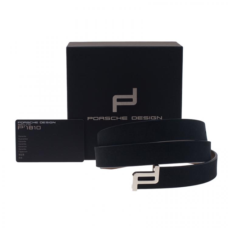 Pre Owned Porsche Design Dark Grey Leather Silver Logo Skinny Belt 95CM