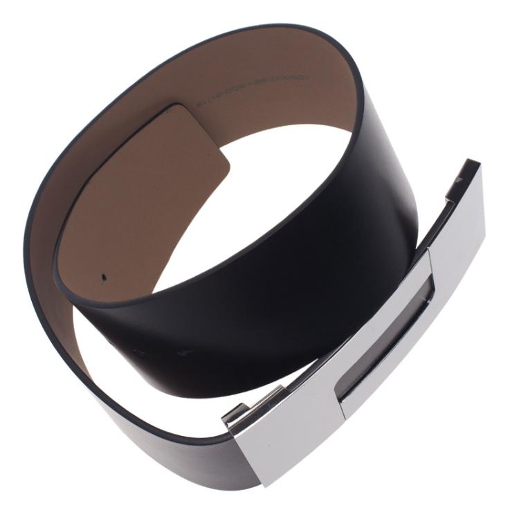 Pre Owned Porsche Design Black Leather Silver Logo Waist Belt 80CM