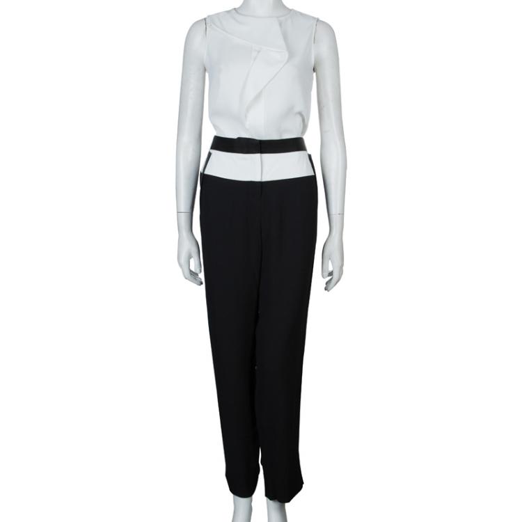 Pre Owned Prabal Gurung Monochrome Leather Trim Detail Trousers L