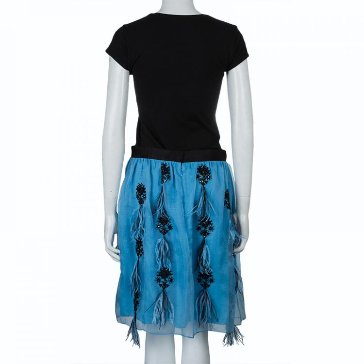 مملوكة مسبقًا Prabal Gurung Blue Feather Detail Embellished Skirt L