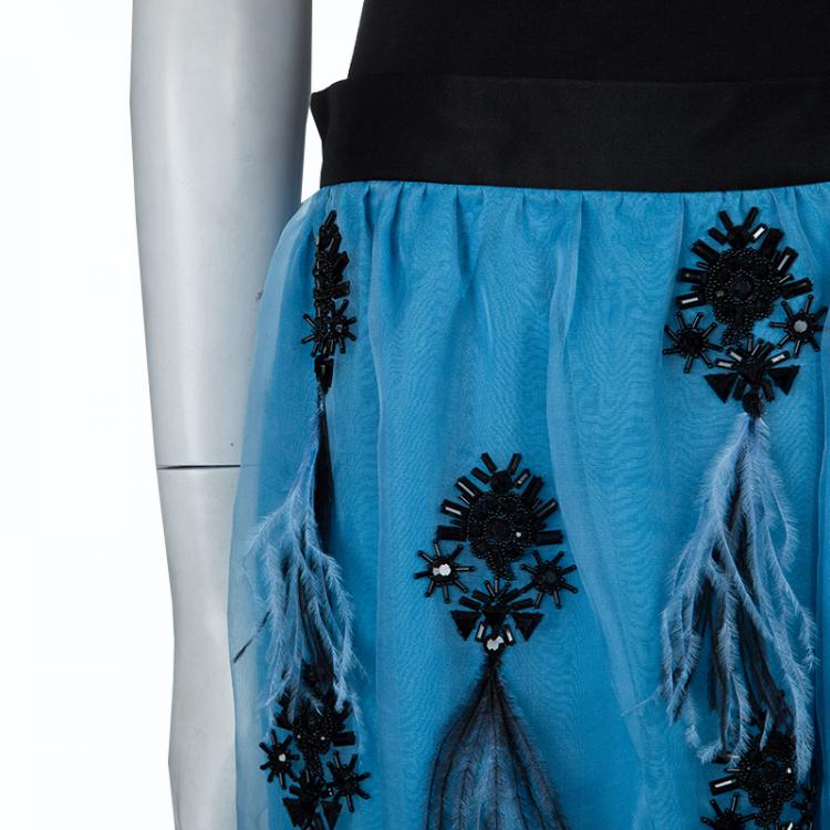 مملوكة مسبقًا Prabal Gurung Blue Feather Detail Embellished Skirt L