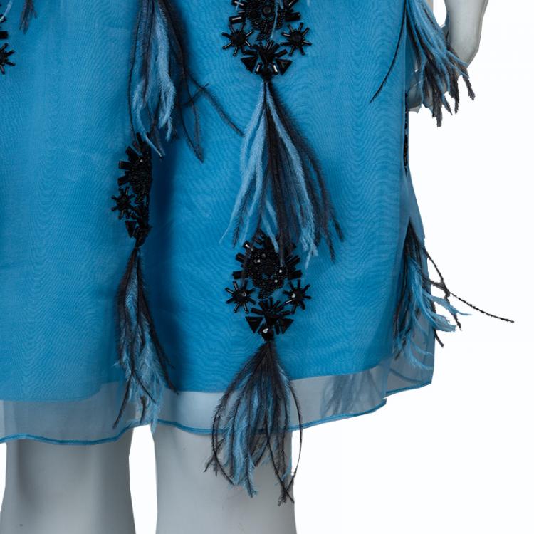 مملوكة مسبقًا Prabal Gurung Blue Feather Detail Embellished Skirt L