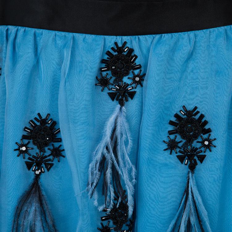 مملوكة مسبقًا Prabal Gurung Blue Feather Detail Embellished Skirt L