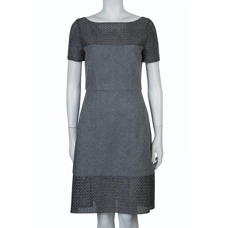 Pre Owned Prabal Gurung Grey Embroidered Mesh Insert Wool Dress S