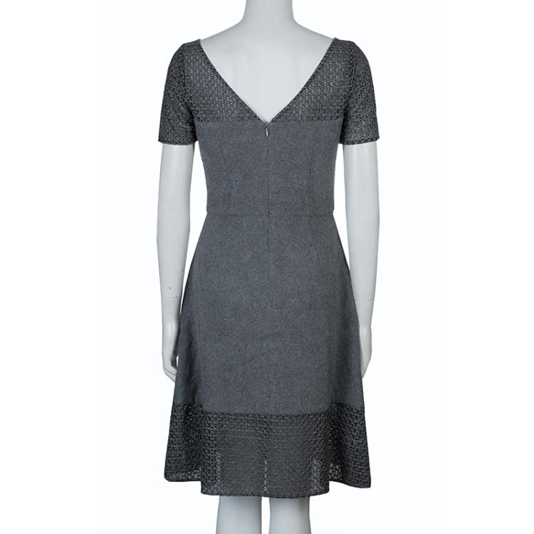 Pre Owned Prabal Gurung Grey Embroidered Mesh Insert Wool Dress S