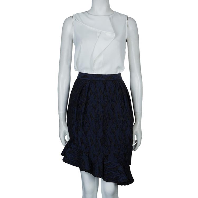 Pre Owned Prabal Gurung Navy Blue Textured Ruffle Bottom Asymmetric Skirt S
