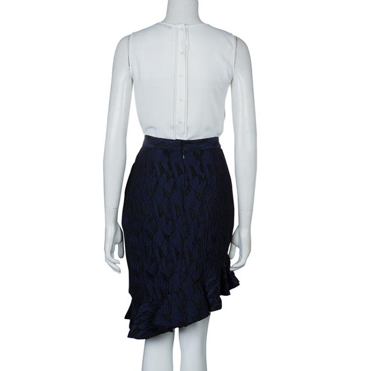 Pre Owned Prabal Gurung Navy Blue Textured Ruffle Bottom Asymmetric Skirt S