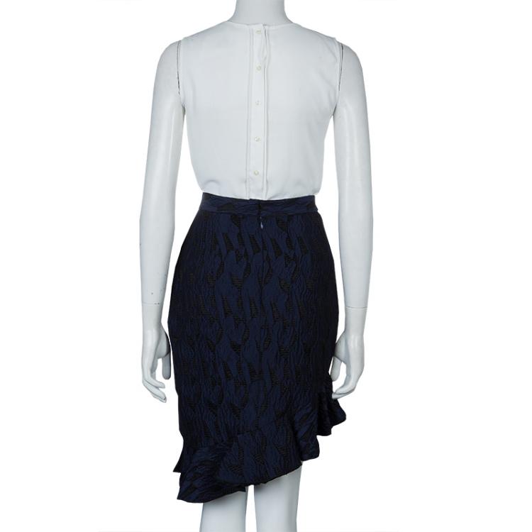 Pre Owned Prabal Gurung Navy Blue Textured Ruffle Bottom Asymmetric Skirt S