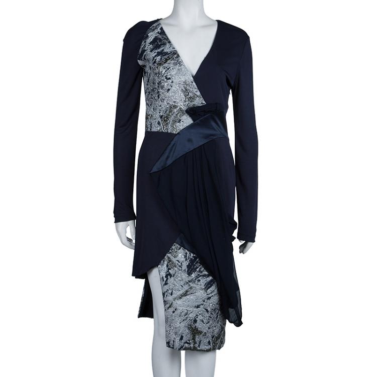 Prabal Gurung Navy Blue Brocade Detail Dress M Prabal Gurung TLC