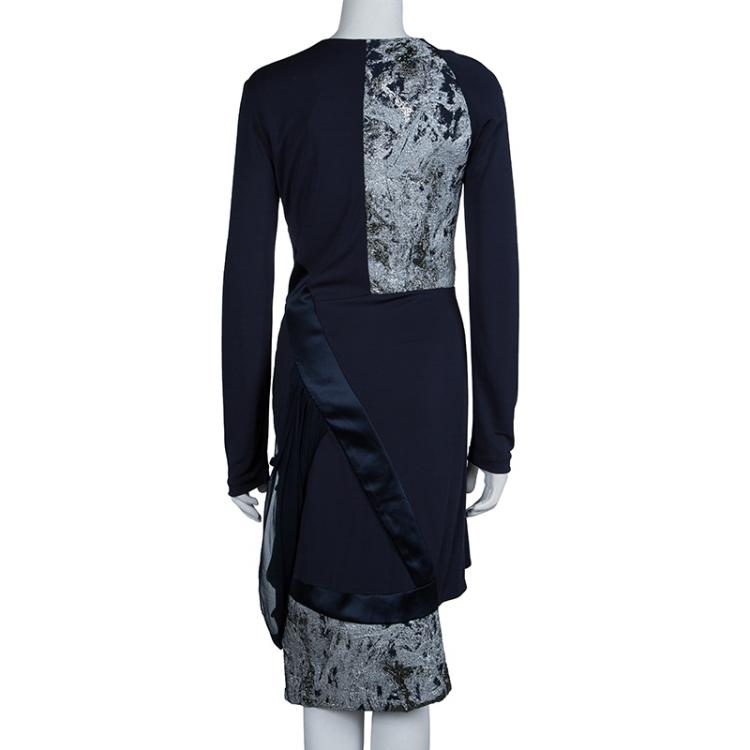 Pre Owned Prabal Gurung Navy Blue Brocade Detail Dress M