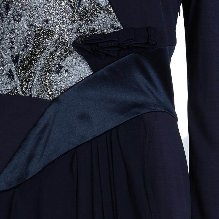 Pre Owned Prabal Gurung Navy Blue Brocade Detail Dress M