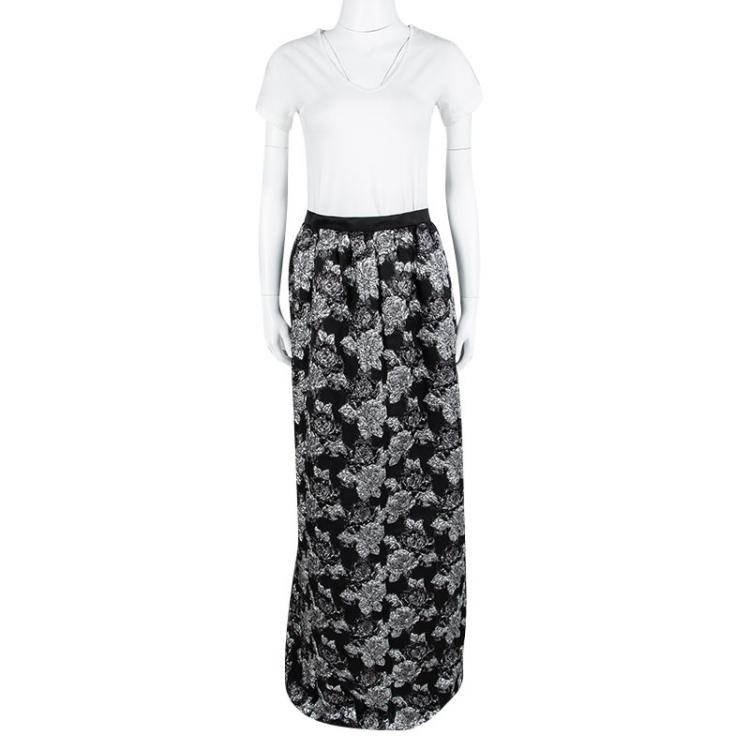 Pre Owned Prabal Gurung Black Metallic Floral Textured Maxi Skirt M