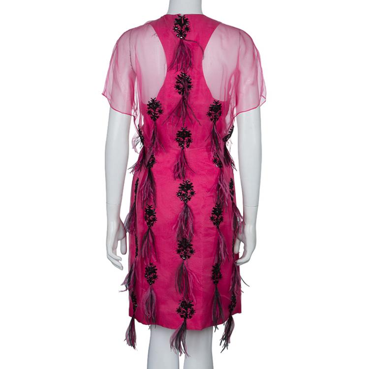 Pre Owned Prabal Gurung Pink Embellished Feather Detail Silk Dress M
