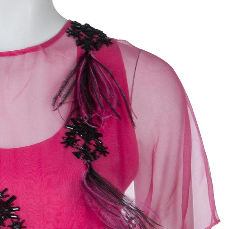 Pre Owned Prabal Gurung Pink Embellished Feather Detail Silk Dress M