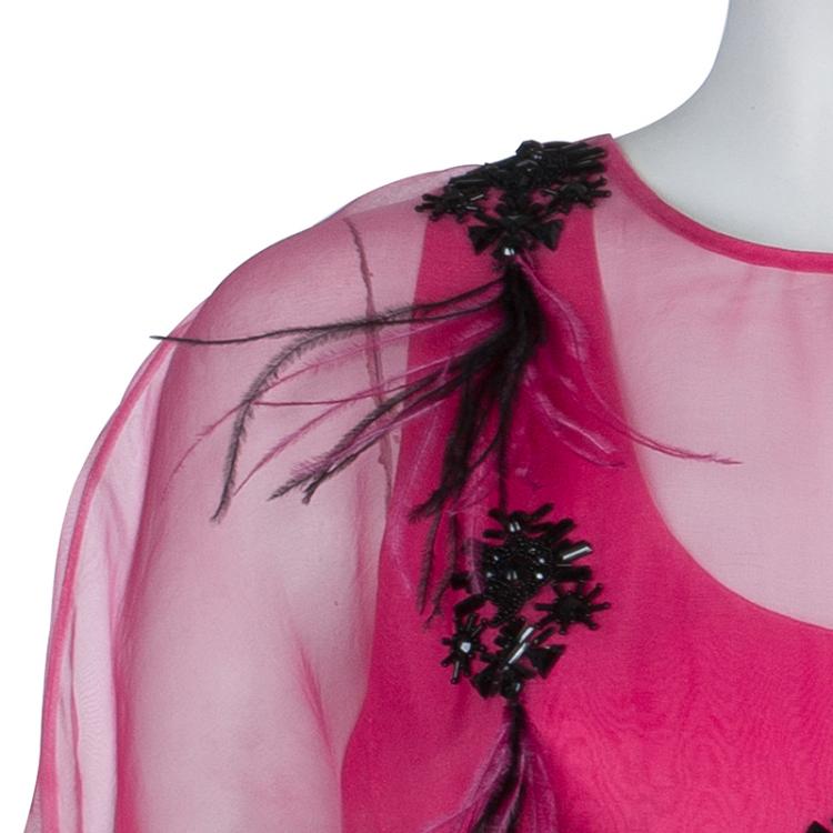 Pre Owned Prabal Gurung Pink Embellished Feather Detail Silk Dress M