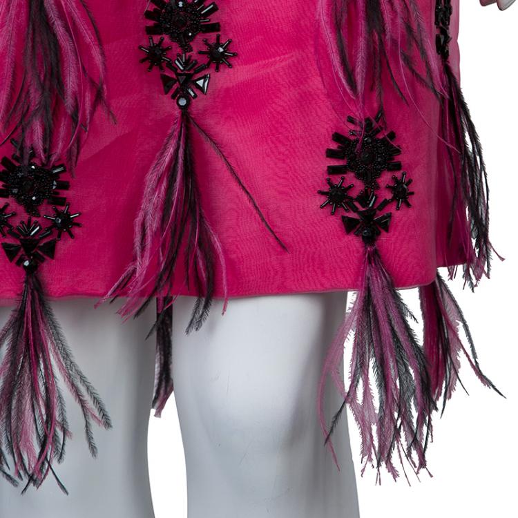 Pre Owned Prabal Gurung Pink Embellished Feather Detail Silk Dress M