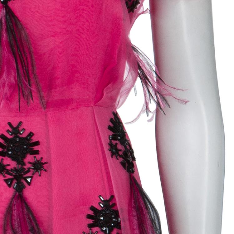 Pre Owned Prabal Gurung Pink Embellished Feather Detail Silk Dress M