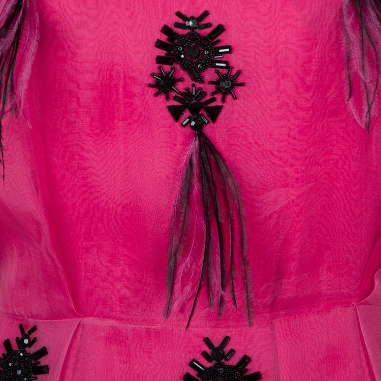 Pre Owned Prabal Gurung Pink Embellished Feather Detail Silk Dress M