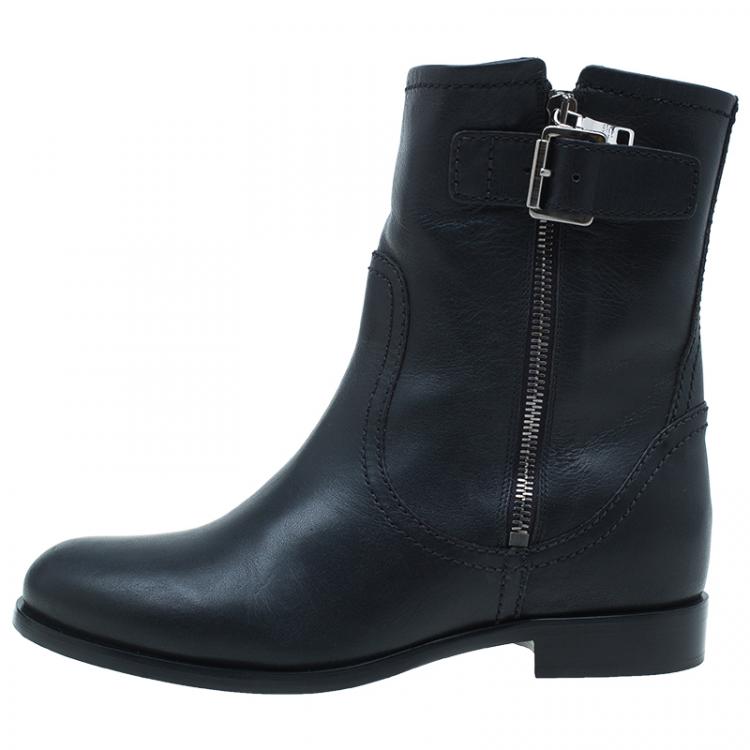 Pre Owned Prada Black Leather Zip Trimmed Ankle Boots Size 38