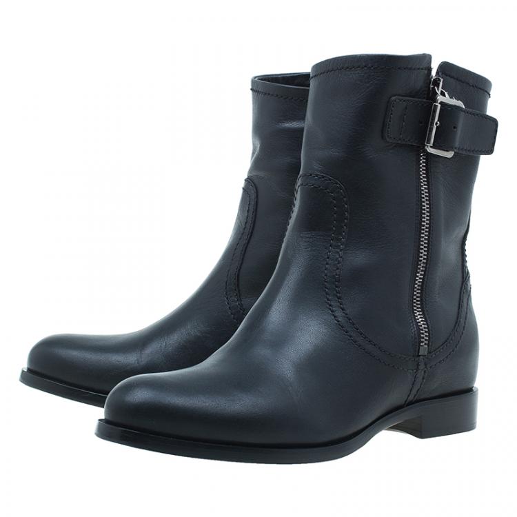 Pre Owned Prada Black Leather Zip Trimmed Ankle Boots Size 38