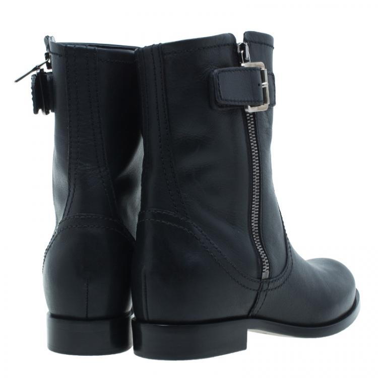 Pre Owned Prada Black Leather Zip Trimmed Ankle Boots Size 38