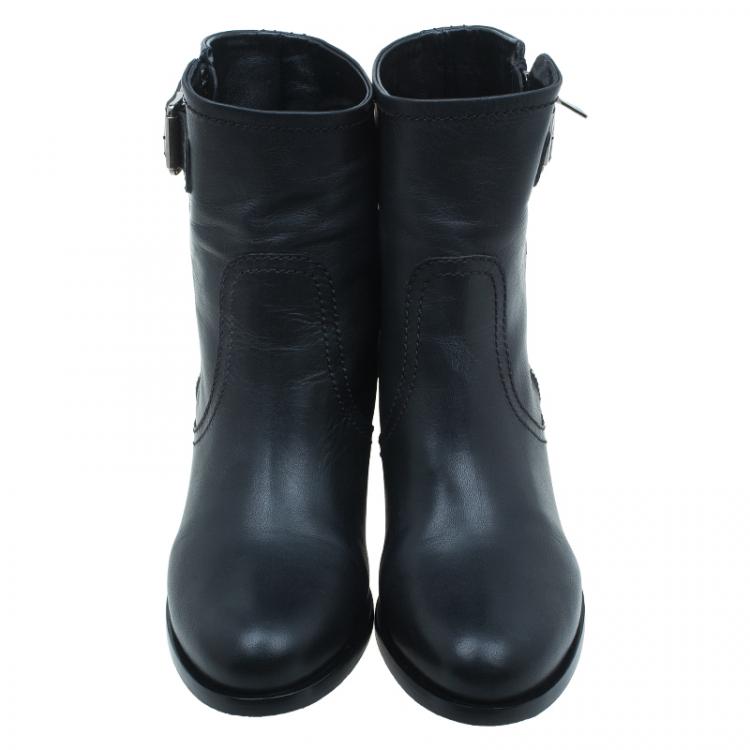 Pre Owned Prada Black Leather Zip Trimmed Ankle Boots Size 38