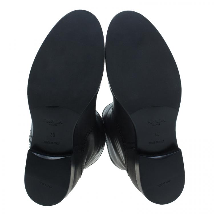 Pre Owned Prada Black Leather Zip Trimmed Ankle Boots Size 38