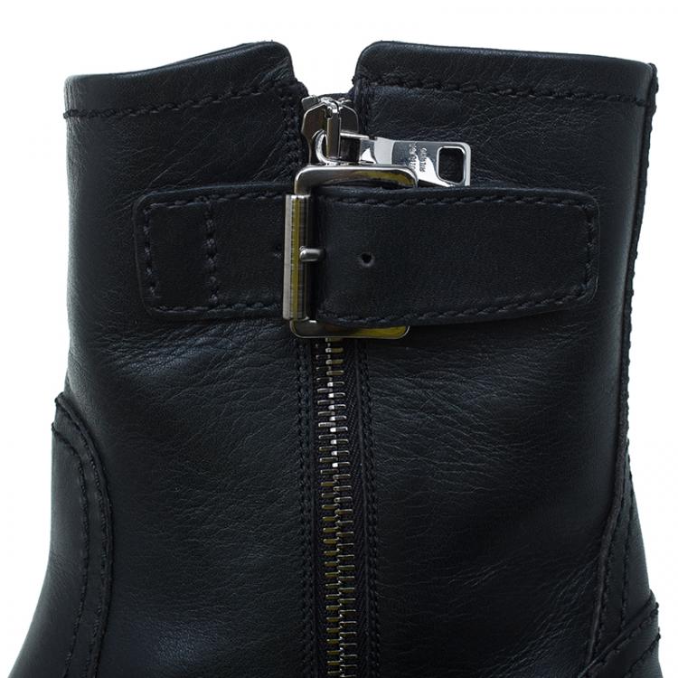 Pre Owned Prada Black Leather Zip Trimmed Ankle Boots Size 38