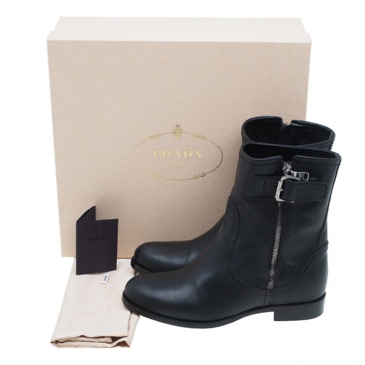 Pre Owned Prada Black Leather Zip Trimmed Ankle Boots Size 38