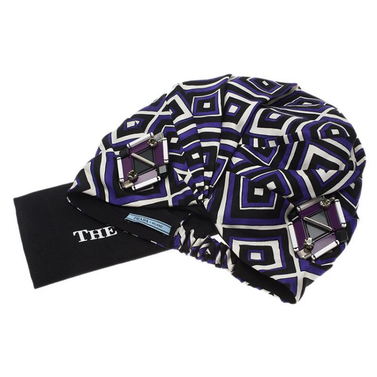Pre Owned Prada Purple Printed Pleated Satin Turban Size M