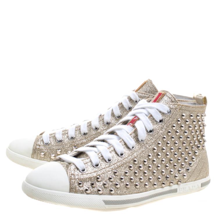 Pre Owned Prada Sport Gold Studded Glitter and Leather High Top Sneakers Size 38.5